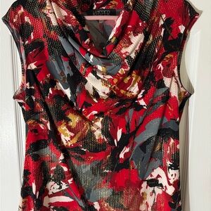 Kasper Red and Black Sleeveless Graphic Blouse
